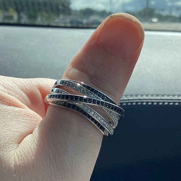 🖤Sterling Silver Black&White Cz Diamond Crisscross Stacked Ring - Picture 11 of 16